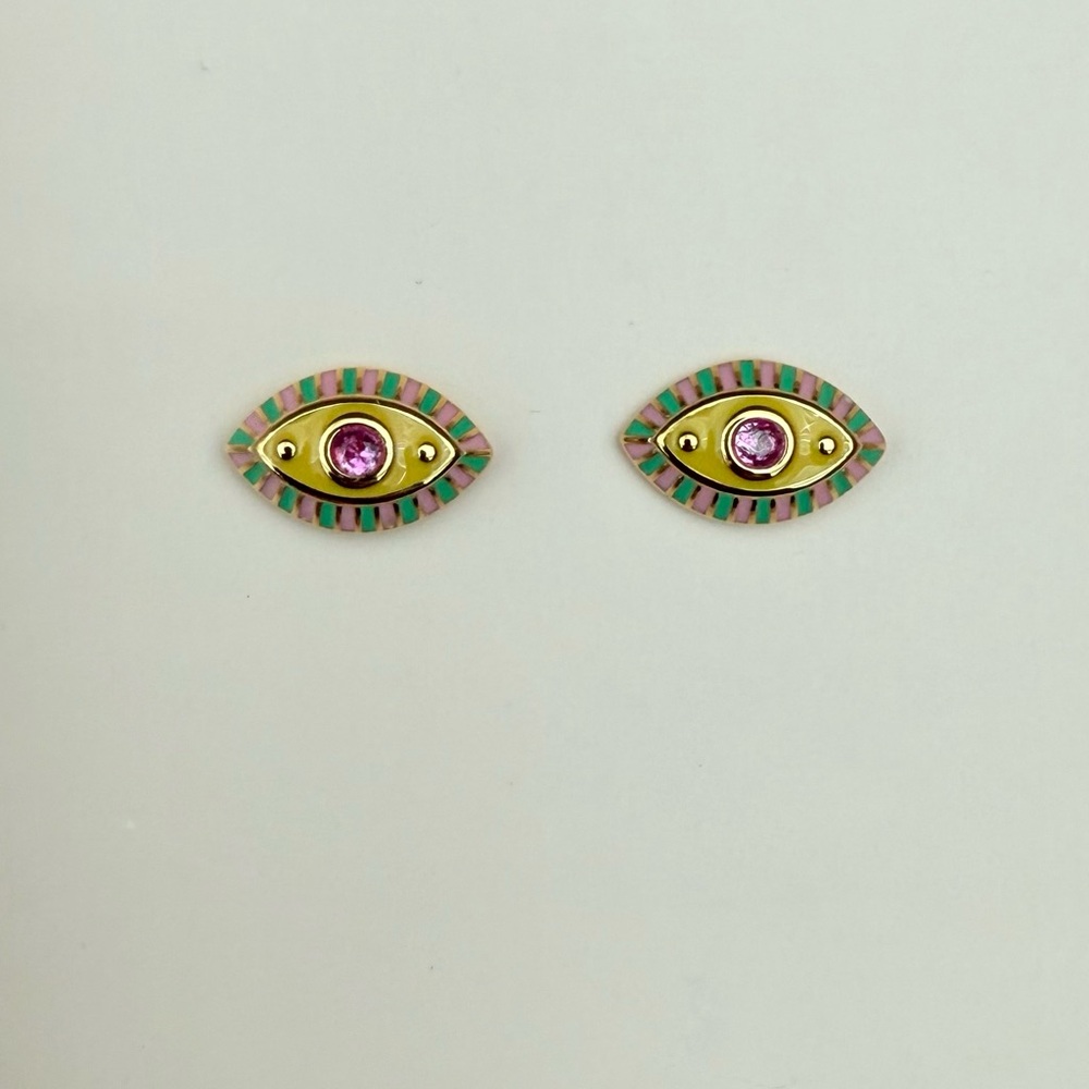 Gold and Pink Eye Stud Earrings - Picture 3 of 5